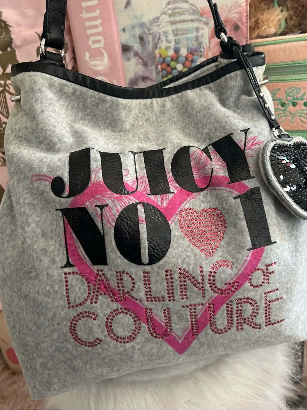Vintage Juicy Couture Grey Velour Bling No.1 Darling Of Couture Large Hobo Bag